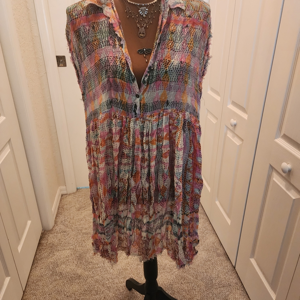 Boho Multicolor Sleeveless Button-Front Tunic Top - image 1